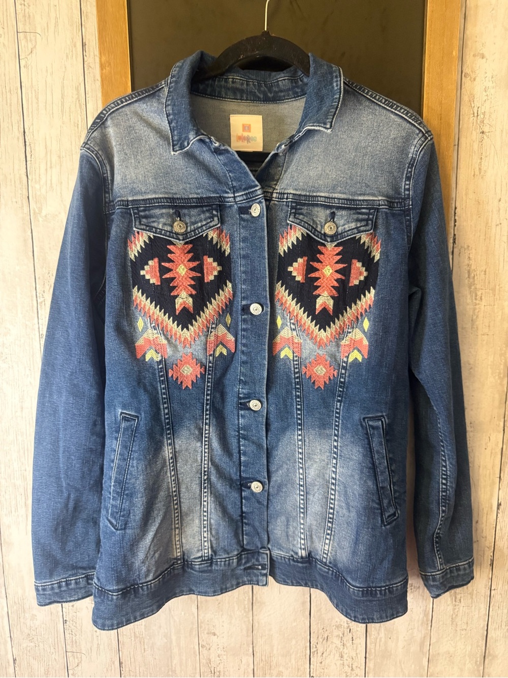 Lularoe Denim Jacket  Women's L Jaxon Embroidered Southwest Boho Western Aztec